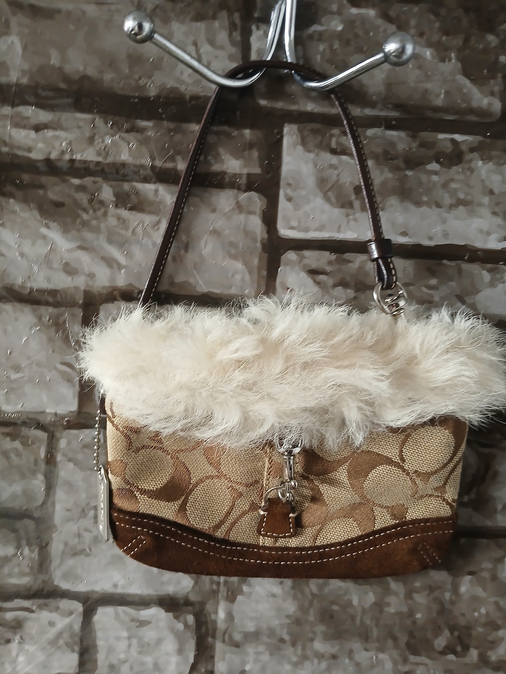 Coach Brown Signature Canvas wrislet with Trim Faux Fur - Picture 2 of 9